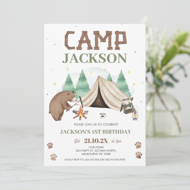 Cute Brown Bear Camp Themed 1st Birthday Invitation (Standing Front)