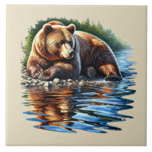 Cute brown bear country cabin lake house ceramic tile