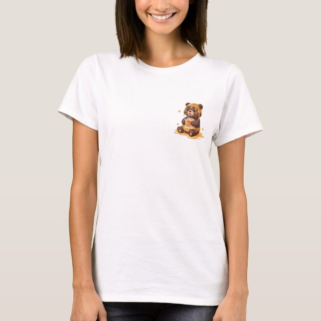 Cute Brown Bear Covered in Dripping Honey Drinking T-Shirt (Front)