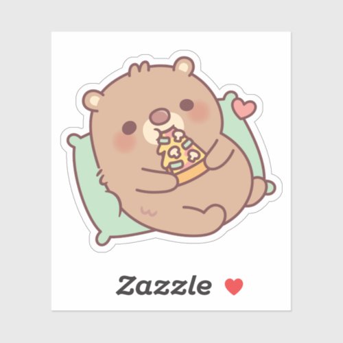 Cute Brown Bear Eating Mushroom Pizza Sticker