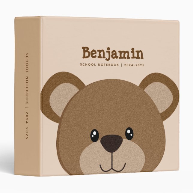 Cute Brown Bear Face Kids 3 Ring Binder (Front/Spine)