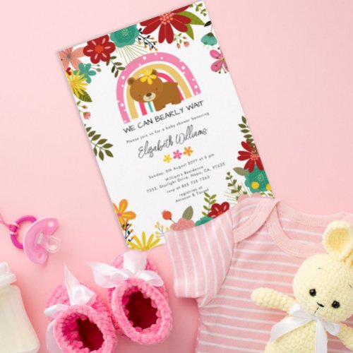 Cute Brown Bear Floral Frame Baby Shower Invitation