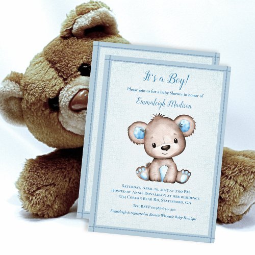 Cute Brown Bear For Boy Baby Shower Invitation