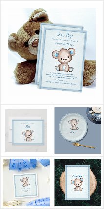 Cute Brown Bear For Boy Blue Blanket Baby Shower