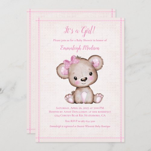 Cute Brown Bear For Girl Baby Shower Invitation