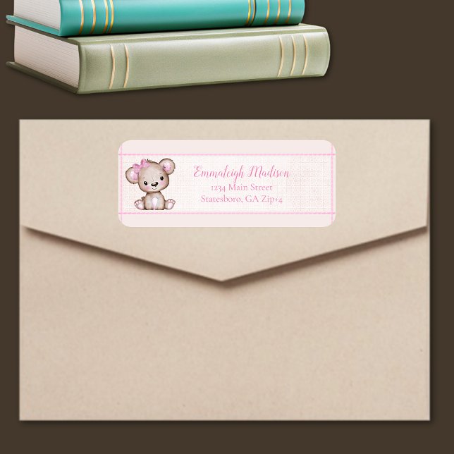 Cute Brown Bear Girl Baby Shower Return Address Label (Creator Uploaded)