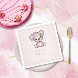 Cute Brown Bear Girl Pink Blanket Napkins