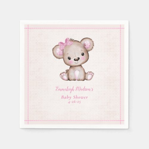 Cute Brown Bear Girl Pink Blanket Napkins