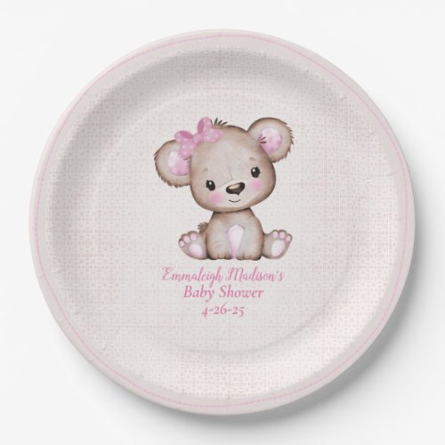 Cute Brown Bear Girl Plaid Pink Paper Plate