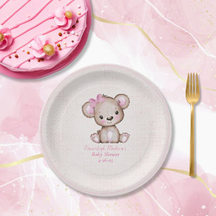 Cute Brown Bear Girl Plaid Pink Paper Plate