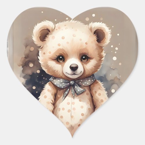Cute Brown Bear Gray and White Polka Dots Scarf Heart Sticker