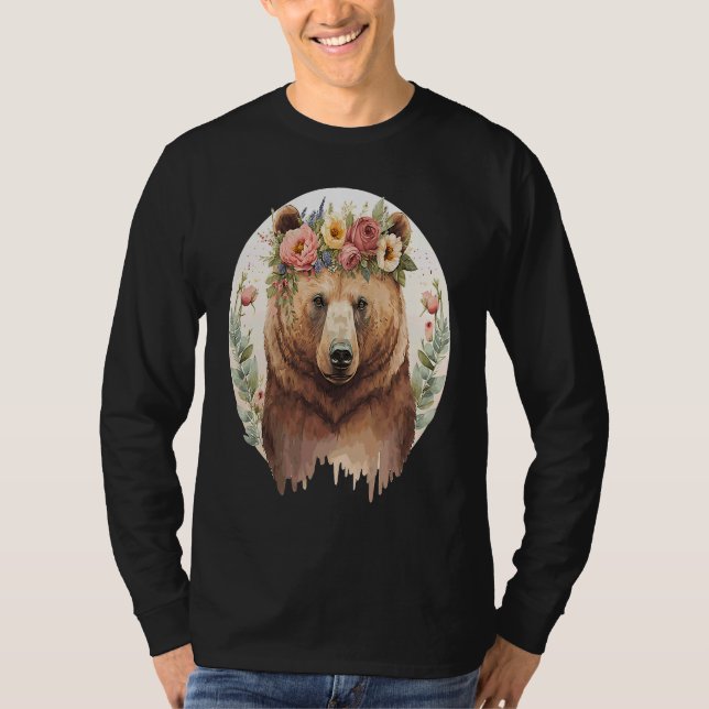 Cute Brown Bear Grizzly Flower Crown Animal T-Shirt (Front)