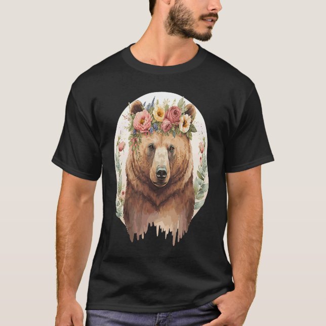 Cute Brown Bear Grizzly Flower Crown Animal T-Shirt (Front)