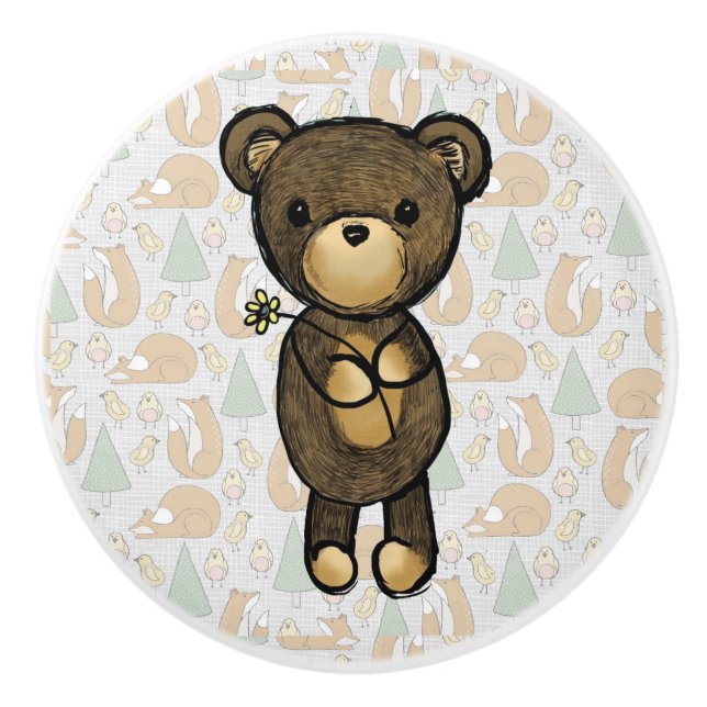 Cute Brown Bear Holding a Yellow Flower Ceramic Knob (Front)