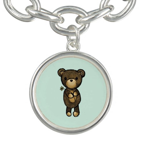 Cute Brown Bear Holding a Yellow Flower Charm Bracelet