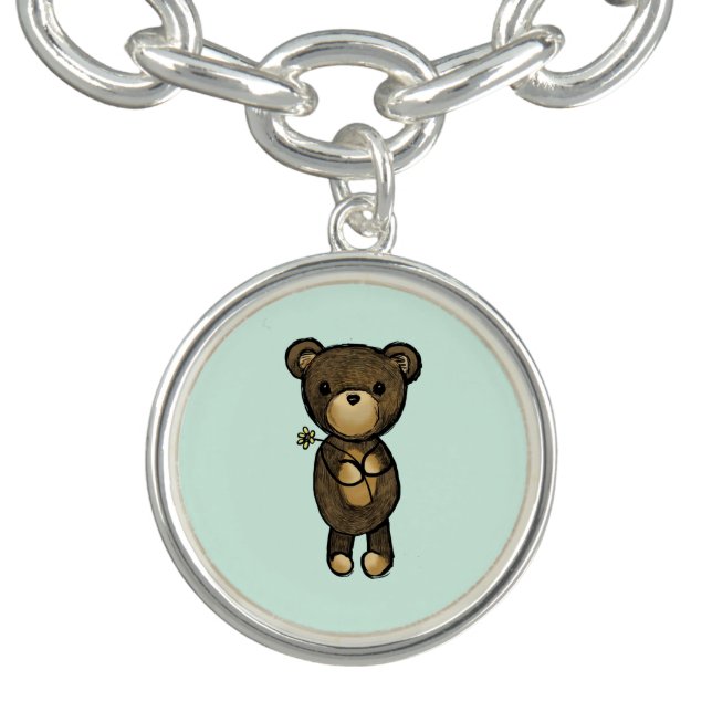 Cute Brown Bear Holding a Yellow Flower Charm Bracelet (Design)