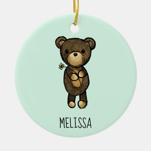 Cute Brown Bear Holding a Yellow Flower Custom Ceramic Ornament (Front)
