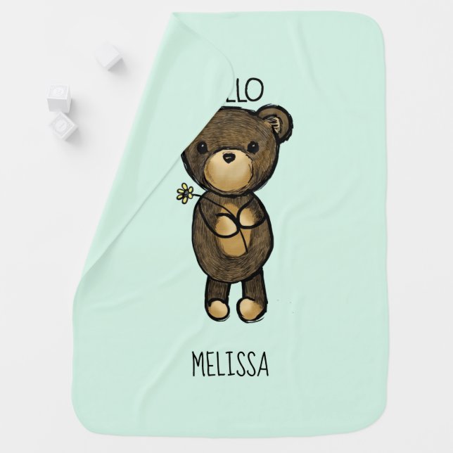 Cute Brown Bear Holding a Yellow Flower Custom Swaddle Blanket (In Situ)