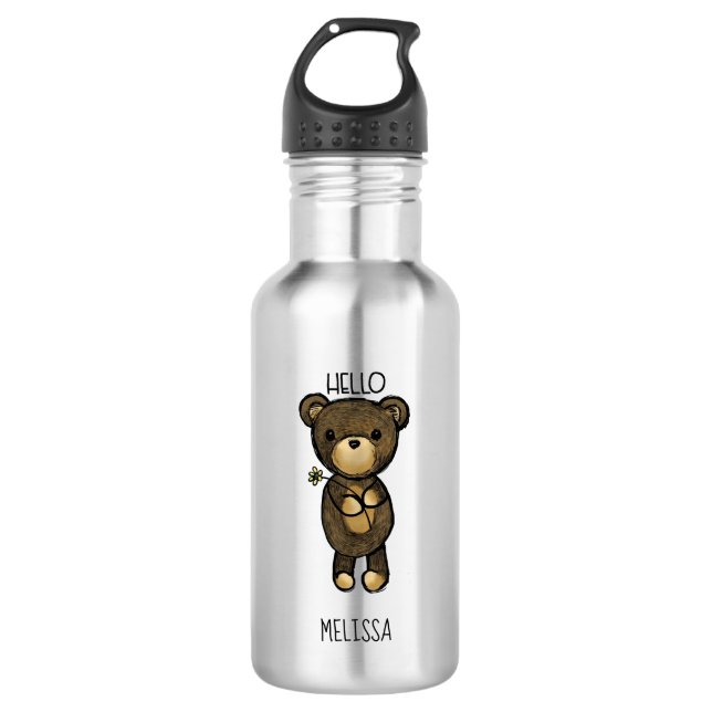 Cute Brown Bear Holding a Yellow Flower Custom Water Bottle (Front)