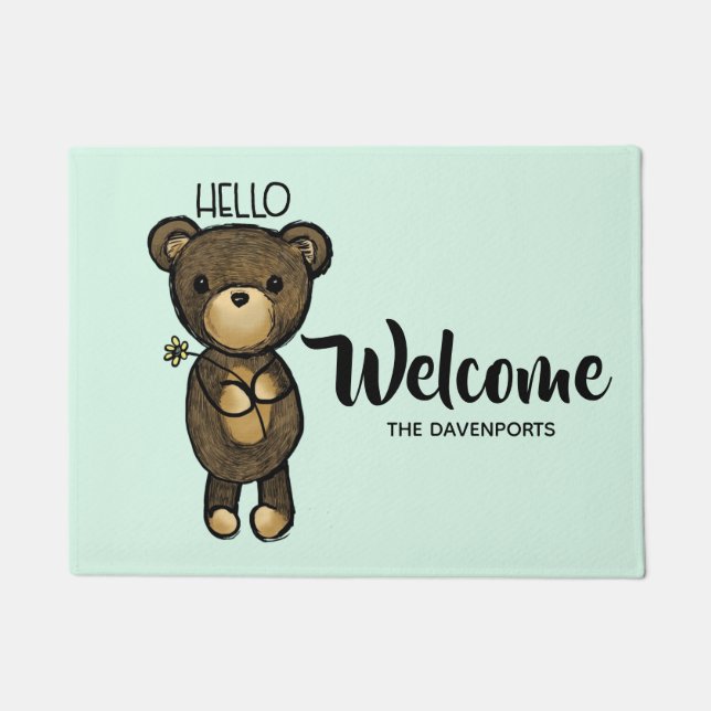 Cute Brown Bear Holding a Yellow Flower Doormat (Front)