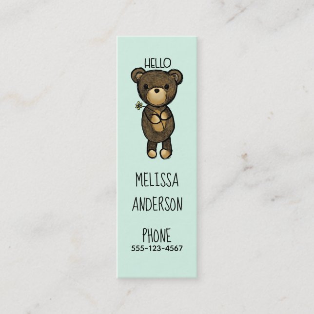 Cute Brown Bear Holding a Yellow Flower Mini Business Card (Front)