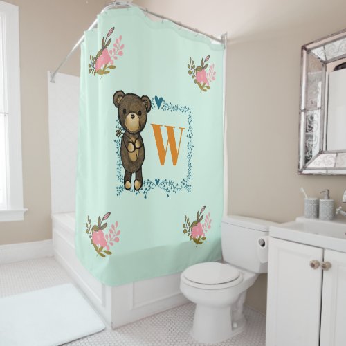 Cute Brown Bear Holding a Yellow Flower Monogram Shower Curtain