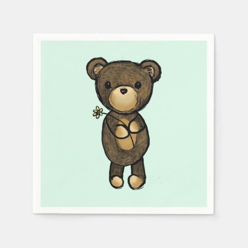 Cute Brown Bear Holding a Yellow Flower Paper Napkins