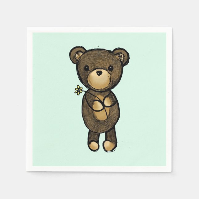 Cute Brown Bear Holding a Yellow Flower Paper Napkins (Front)