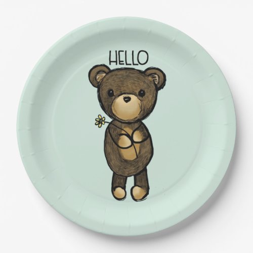 Cute Brown Bear Holding a Yellow Flower Paper Plates