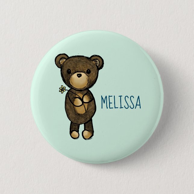 Cute Brown Bear Holding a Yellow Flower Pinback Button (Front)