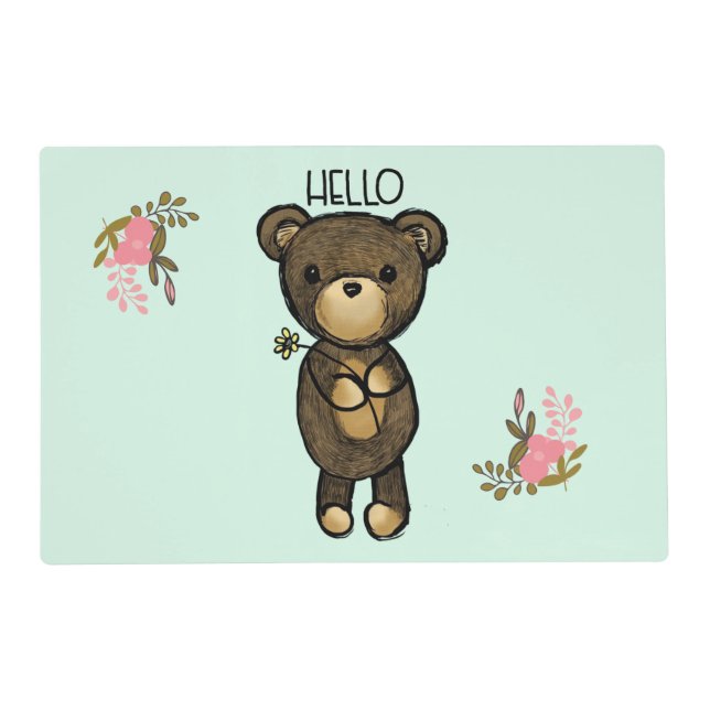 Cute Brown Bear Holding a Yellow Flower Placemat (Front)