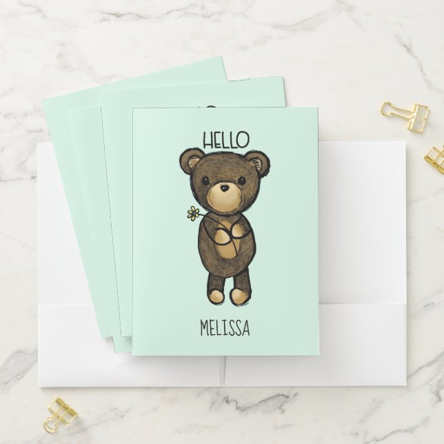 Cute Brown Bear Holding a Yellow Flower Pocket Folder (In Situ)