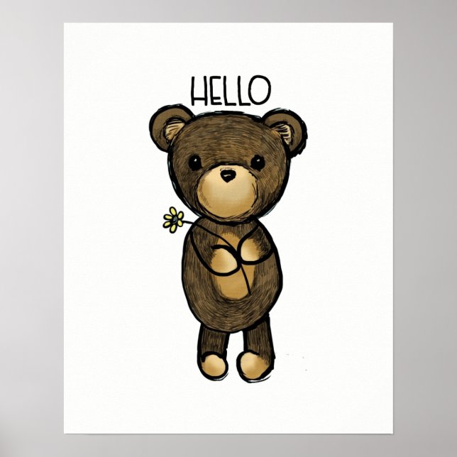 Cute Brown Bear Holding a Yellow Flower Poster (Front)