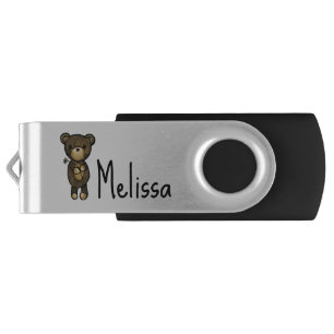 Cute Brown Bear Holding a Yellow Flower USB Flash Drive