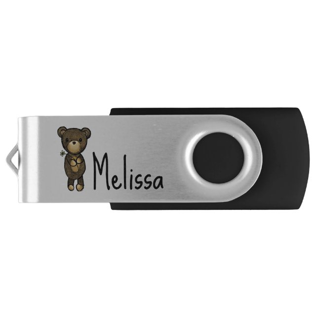Cute Brown Bear Holding a Yellow Flower USB Flash Drive (Back)