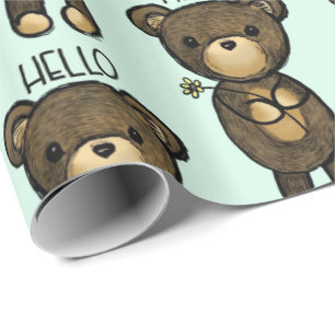 Cute Brown Bear Holding a Yellow Flower Wrapping Paper