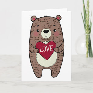 Cute Brown Bear Holding Love Heart Valentine Holiday Card