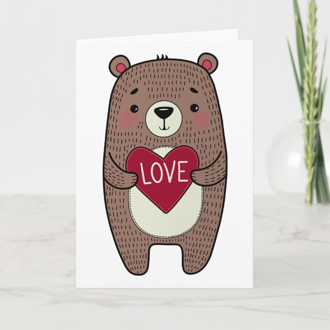 Cute Brown Bear Holding Love Heart Valentine Holiday Card (Front)