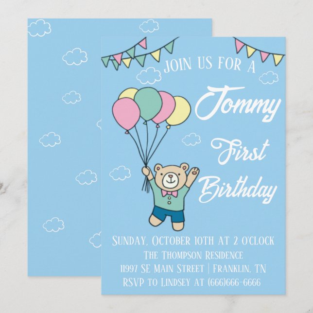 Cute Brown Bear Hot Air Balloon Boy Birthday Invitation (Front/Back)