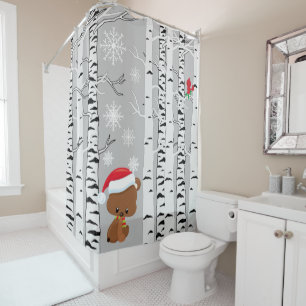 Cute brown bear in woodland snow cardinal bird shower curtain