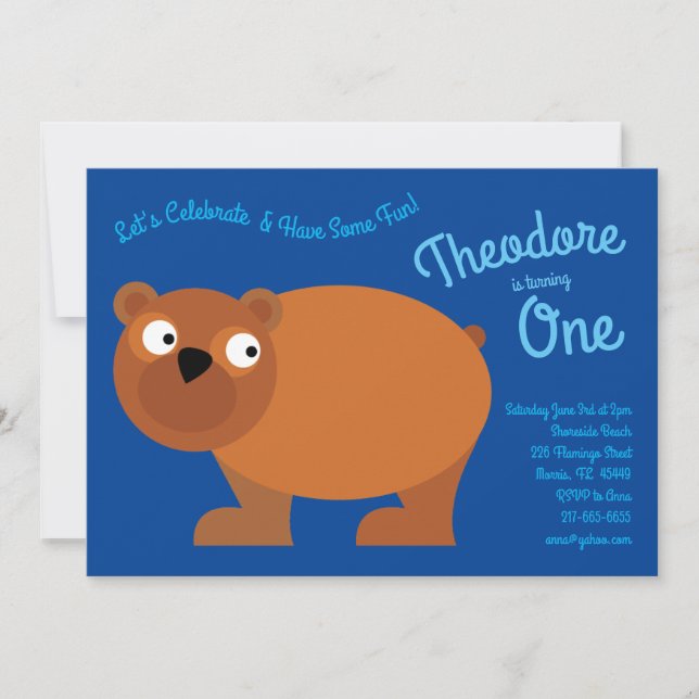 Cute Brown Bear Kids 1st Birthday Party Invitation (Front)