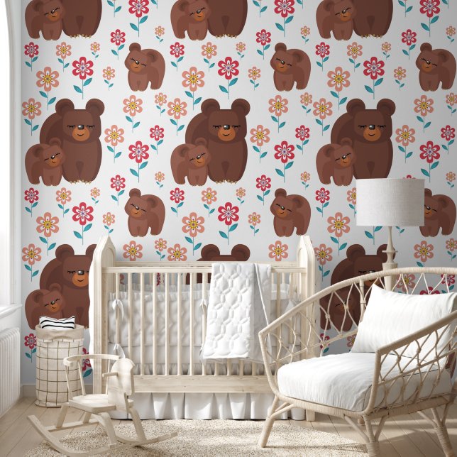Cute brown bear mother and baby, flowers pattern wallpaper  (Kids)