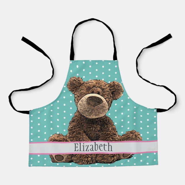 Cute Brown Bear Name Kids Animal Pattern Blue Apron (Front)