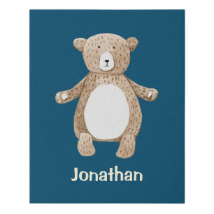 Cute Brown Bear Nursery Decor Blue Faux Canvas Print