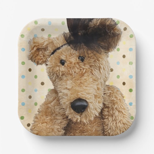 Cute Brown Bear On Polka Dots Paper Plates (Front)