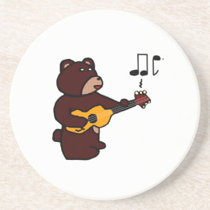 Cute Brown Bear Playing Guitar Music Cartoon Art Drink Coaster