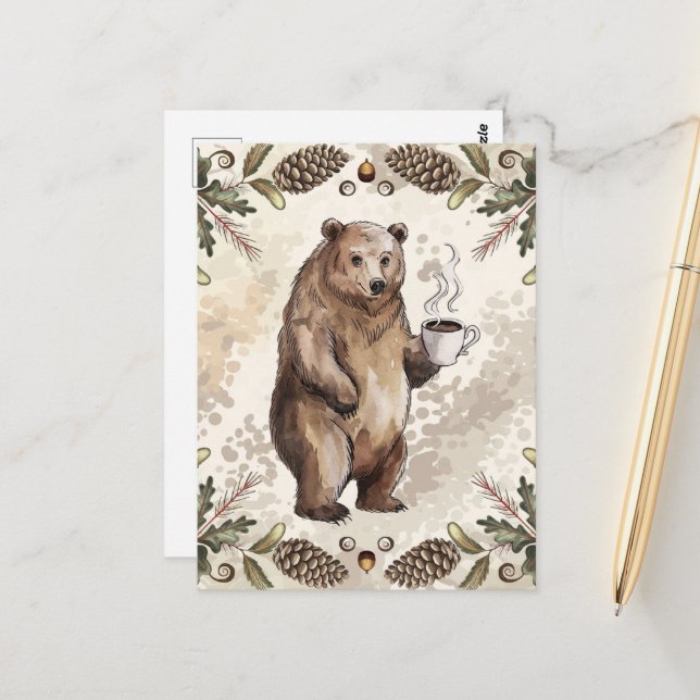 Cute Brown Bear With Coffee Postcard (Front/Back In Situ)