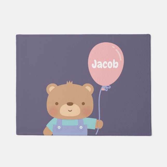 Cute Brown Bear With Pink Balloon Name Doormat (Front)