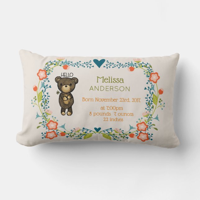 Cute Brown Bear with Yellow Flower Birth Lumbar Pillow (Front)