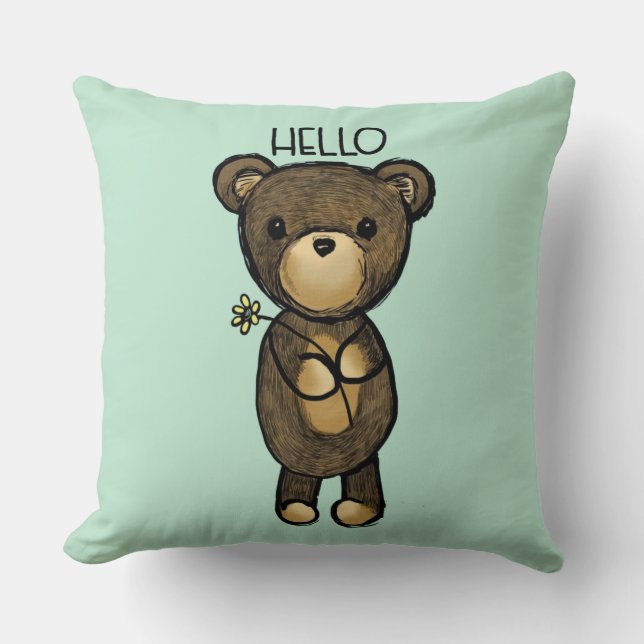 Cute Brown Bear with Yellow Flower Hello Throw Pillow (Front)